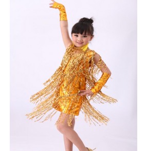 Gold silver black red sequins fringes girls kids children leather performance jazz latin salsa cha cha school play competition dance dresses vestidos